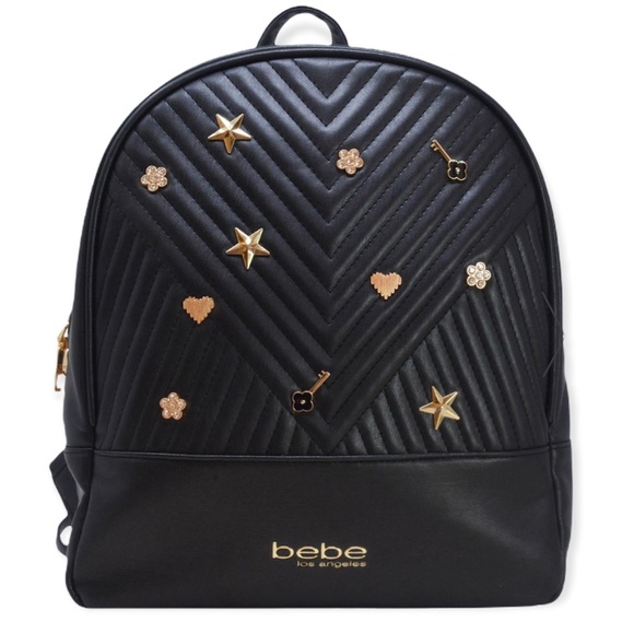 BEBE Hayden Backpack Black Gold Crystal Jeweled Embellishments Vegan Leather - Picture 2 of 14